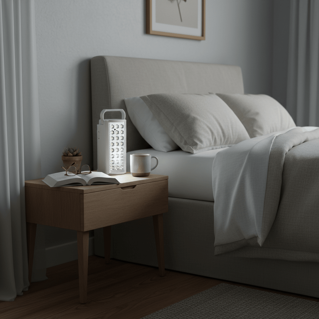 Rechargeable LED lantern on a bedside table next to a book and mug, providing soft light in a cozy bedroom.