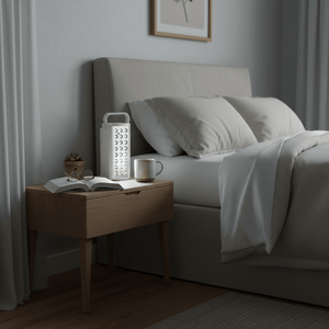Rechargeable LED lantern on a bedside table next to a book and mug, providing soft light in a cozy bedroom.