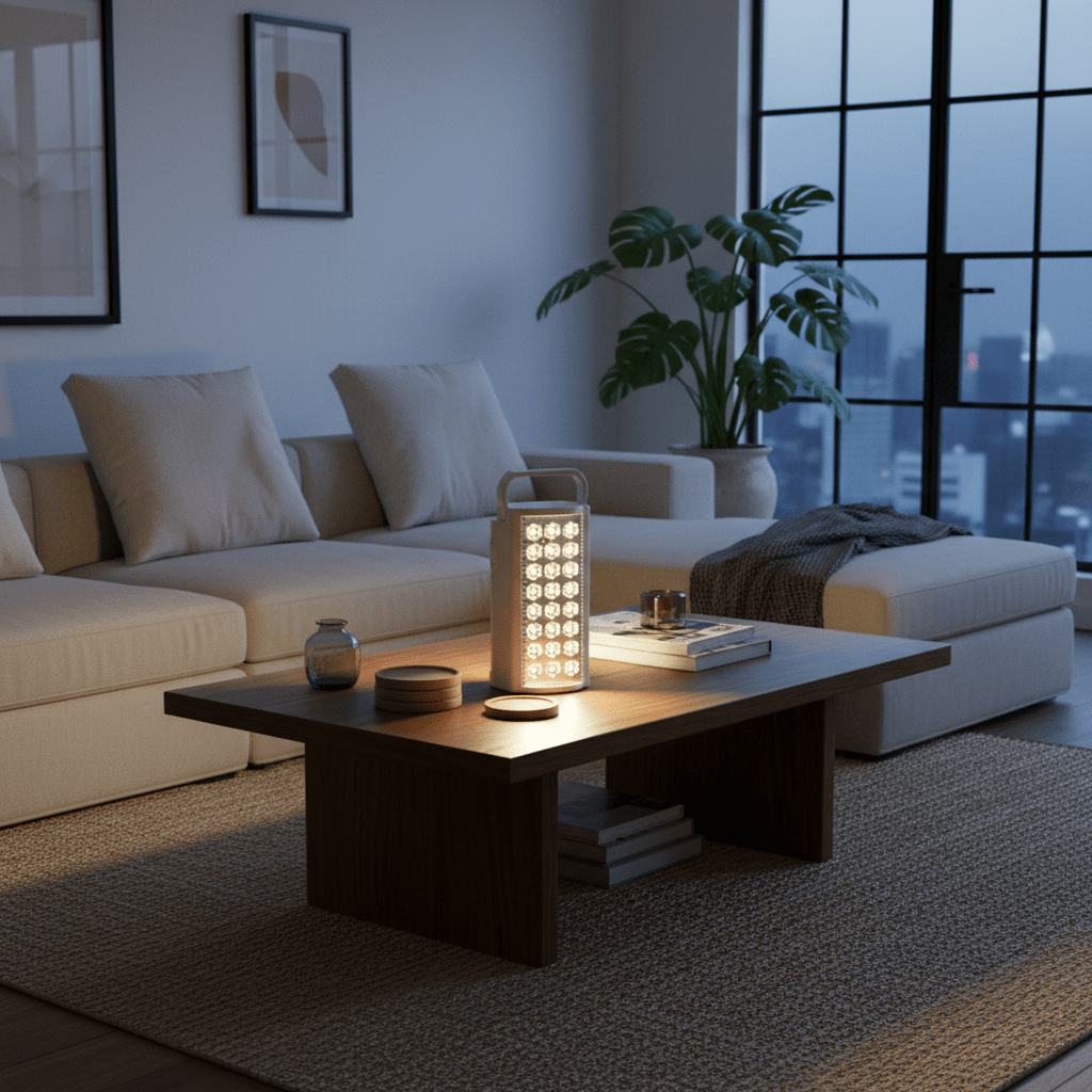A rechargeable LED lantern on a wooden coffee table in a cozy living room setting, softly illuminating the space.