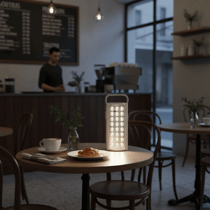 A white rechargeable LED lantern on a café table, illuminating a coffee cup and croissant.