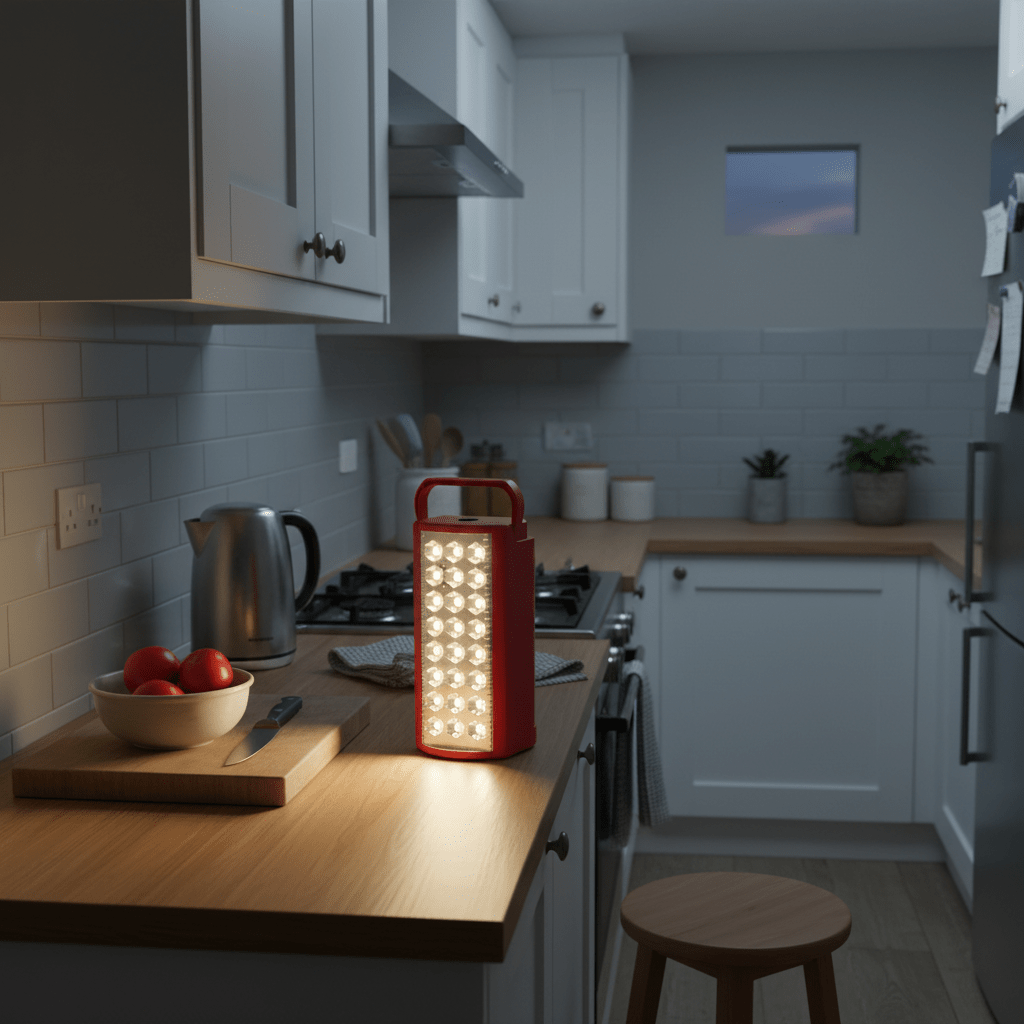 Red rechargeable LED lantern illuminating a kitchen counter with tomatoes and a knife, showcasing its practical use.