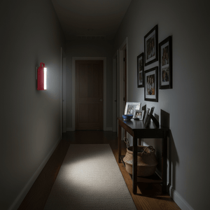 Red rechargeable LED lantern mounted on a wall in a dimly lit hallway, illuminating the space.