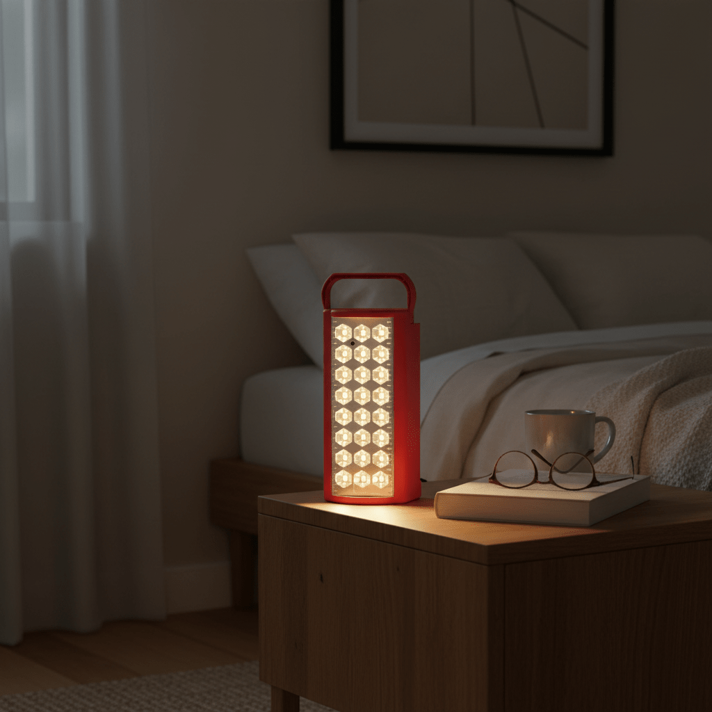 Red rechargeable LED lantern on a bedside table, providing warm light next to a cup and glasses.