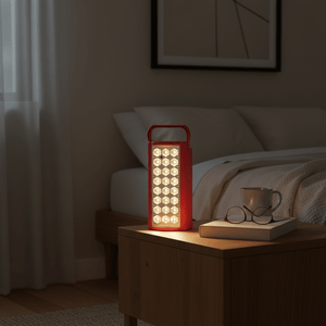 Red rechargeable LED lantern on a bedside table, providing warm light next to a cup and glasses.