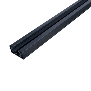 Black metal 3-wire track with dual channels and mounting clips, angled against solid green background