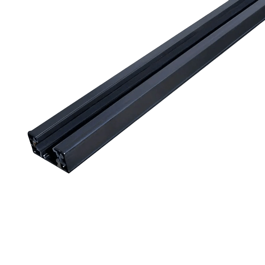 Black metal 3-wire track with dual channels and mounting clips, angled against solid green background