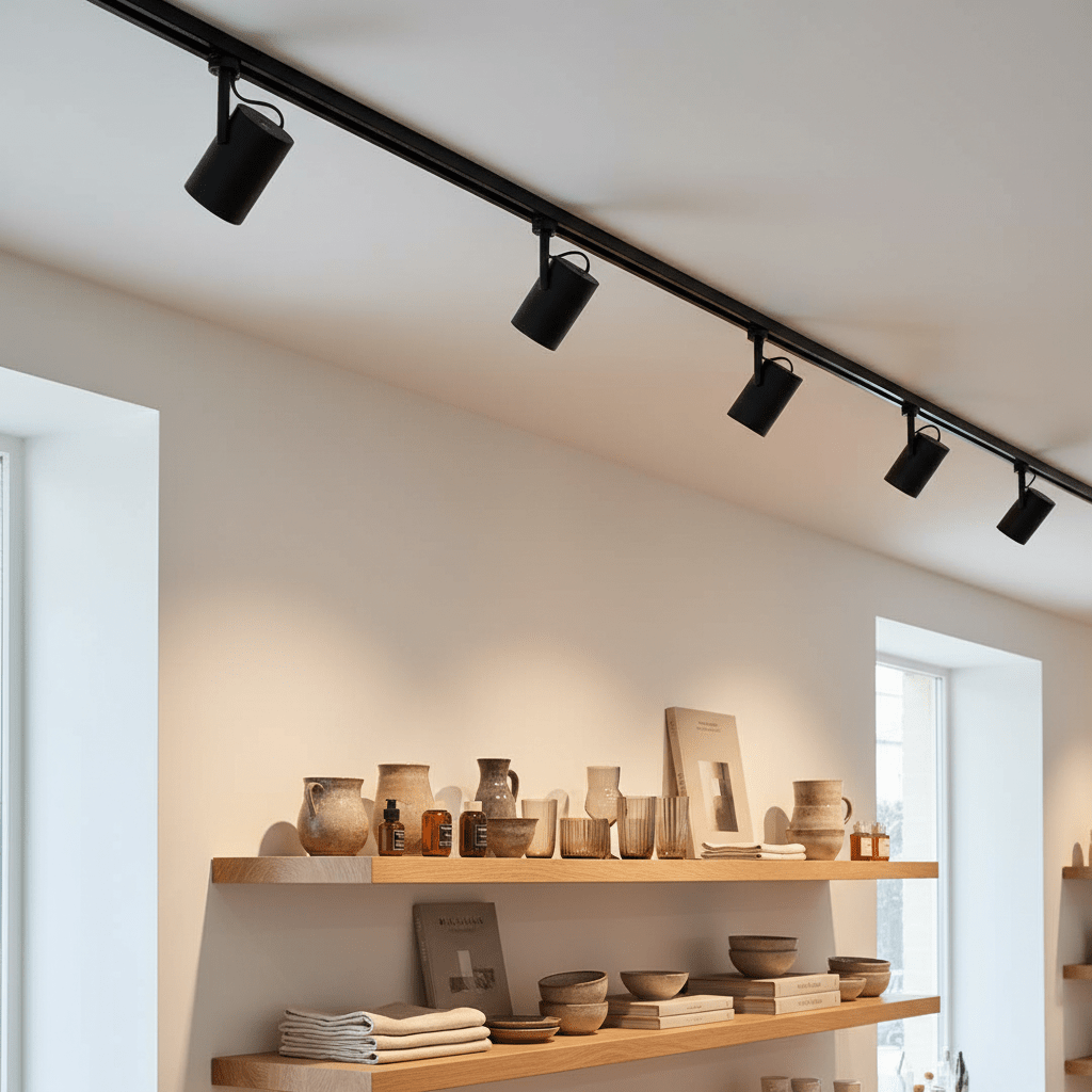 Black 3‑wire track with adjustable spotlights mounted above wooden shelves holding pottery and books
