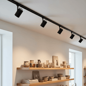 Black 3‑wire track with adjustable spotlights mounted above wooden shelves holding pottery and books