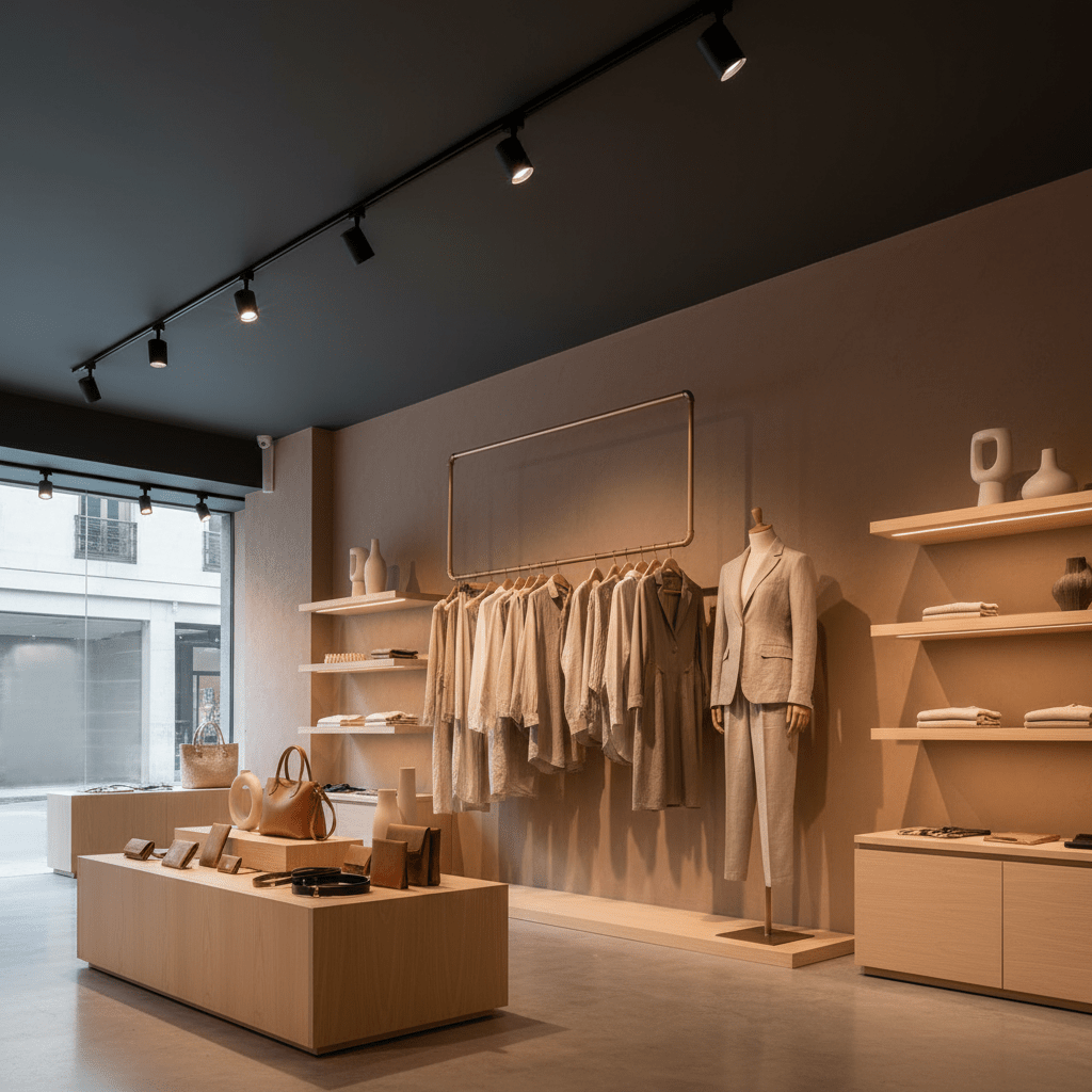 Boutique interior with wooden tables, mannequin in suit, clothing rack, shelves, and black track lighting on ceiling