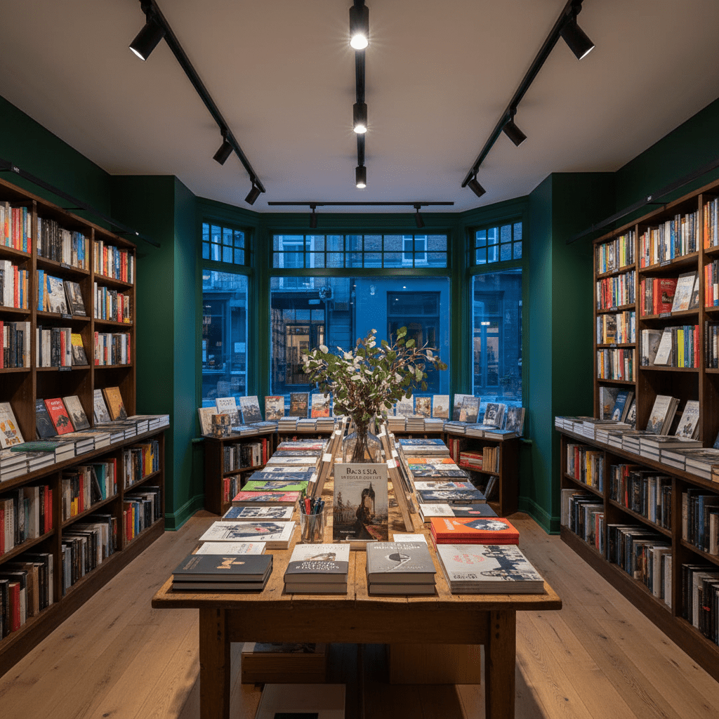 Bookstore interior with wooden tables of books, green walls, large windows, and black ceiling track lighting with spotlights
