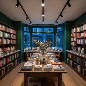 Bookstore interior with wooden tables of books, green walls, large windows, and black ceiling track lighting with spotlights