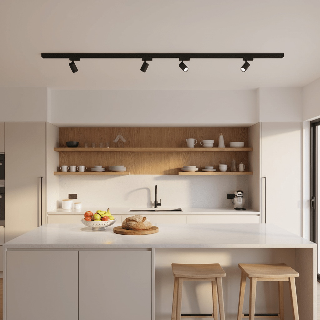 Black 3-wire track with four adjustable spotlights mounted above a modern kitchen island