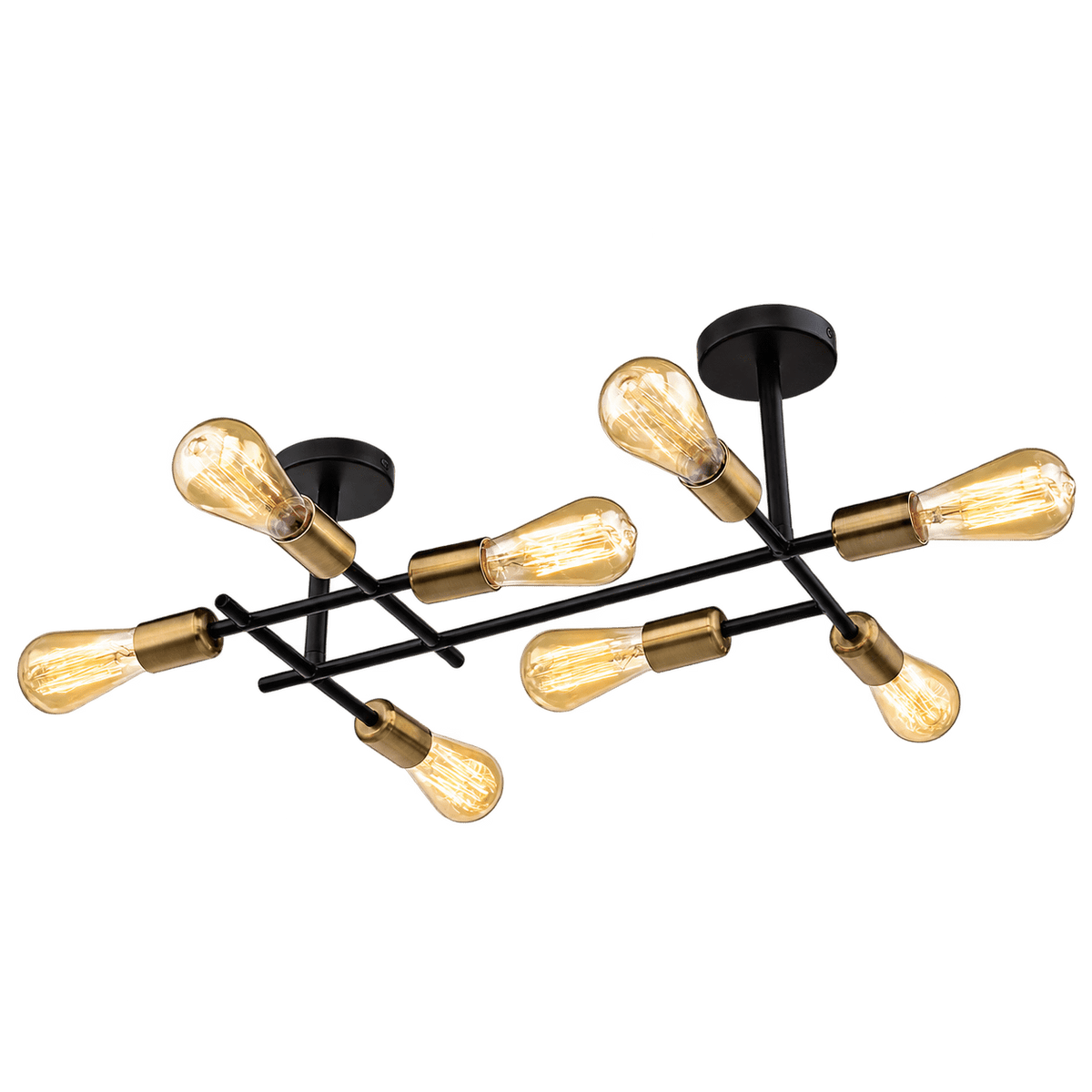 Black and satin brass eight-light ceiling fitting with transparent background