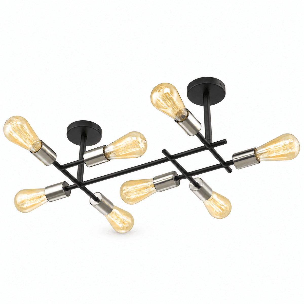 Black and satin chrome eight-light ceiling fitting on a white background