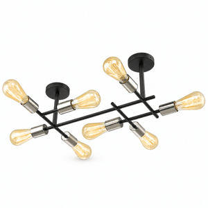 Black and satin chrome eight-light ceiling fitting on a white background