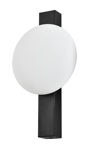 Bloch LED Wall Light in black with a round white diffuser, showcasing a modern design.