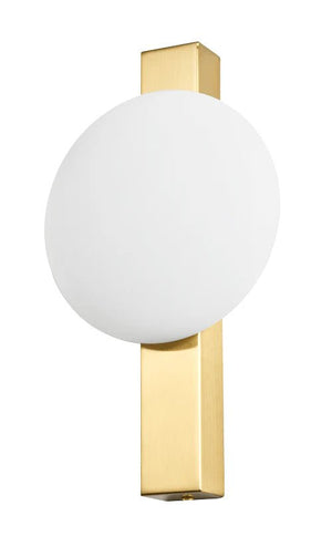 Gold indoor wall light with a round white shade and rectangular base, showcasing a modern design.