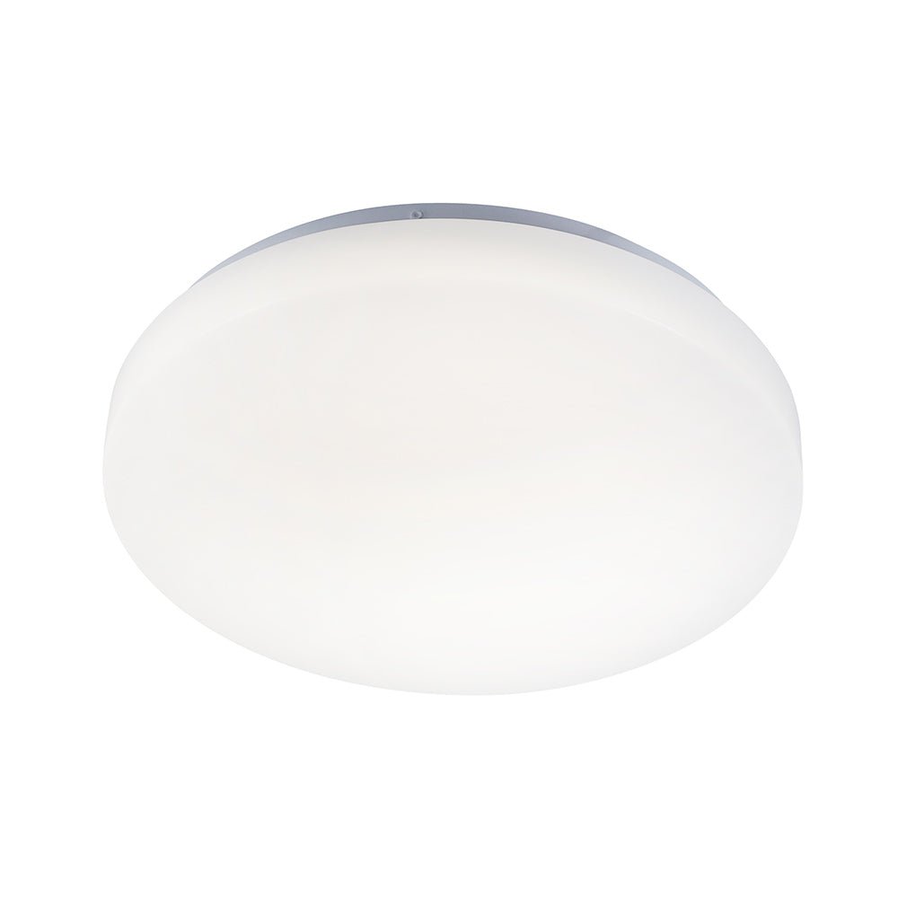 Round white ceiling light fixture on a white background