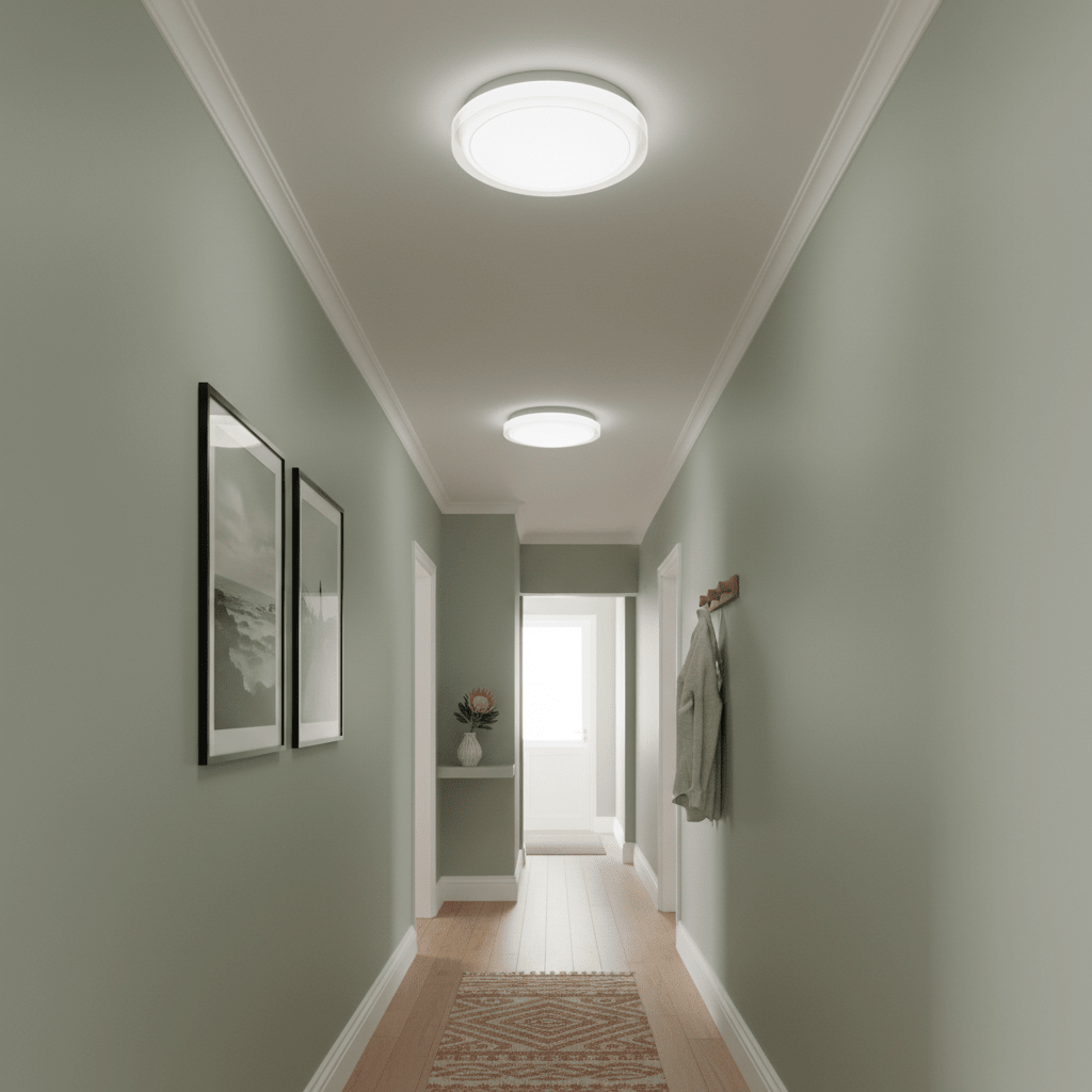 Modern flush-mount ceiling lights illuminating a stylish hallway with green walls and wooden flooring.