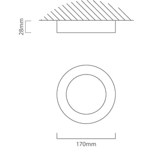 Diagram of LED round ceiling light with 170mm diameter and 28mm height.