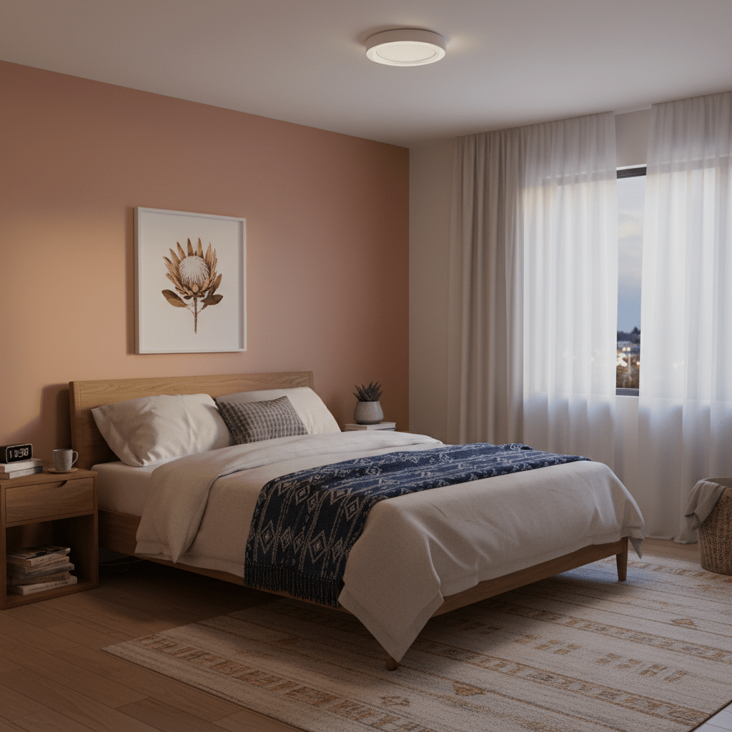 Warm-lit bedroom with a round ceiling light, wooden bed, and soft furnishings.