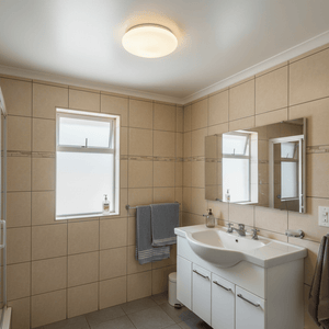 A modern bathroom featuring a white LED ceiling light, tiled walls, and a sleek vanity with mirrors.