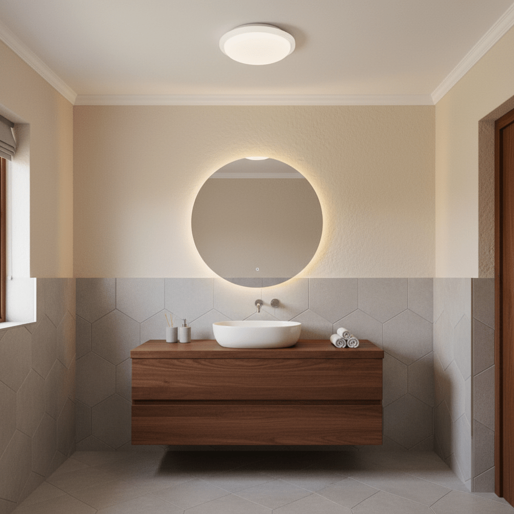 Stylish bathroom featuring a round mirror and wooden vanity, illuminated by a ceiling light.