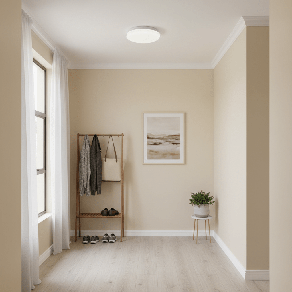 A stylish white ceiling light illuminating a beige room with a coat rack and artwork.
