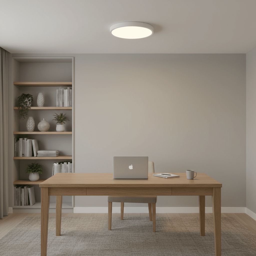 A modern workspace featuring a flush-mounted white ceiling light above a wooden desk with a laptop and coffee cup.