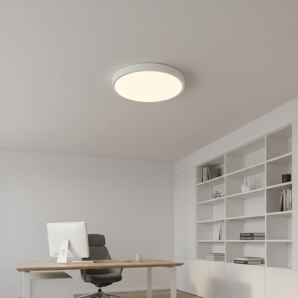 Modern flush ceiling light illuminating a minimalist office space with a desk and shelving.