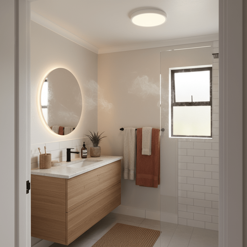 White flush ceiling light installed in a modern bathroom with vanity, round mirror and shower