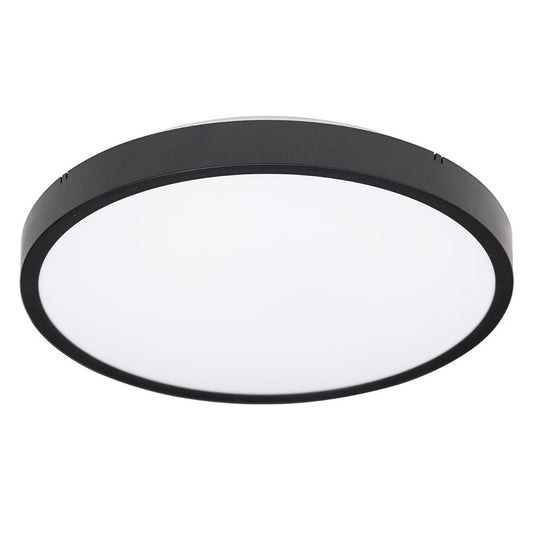 Black round ceiling light with a sleek design and white diffuser, ideal for modern spaces.