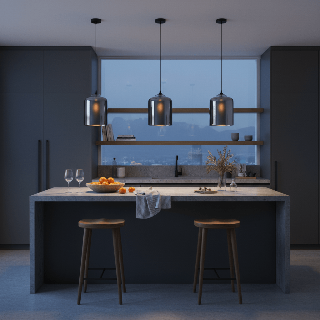 Three smoke grey glass pendant lights hang over a modern kitchen island with stools and decor.