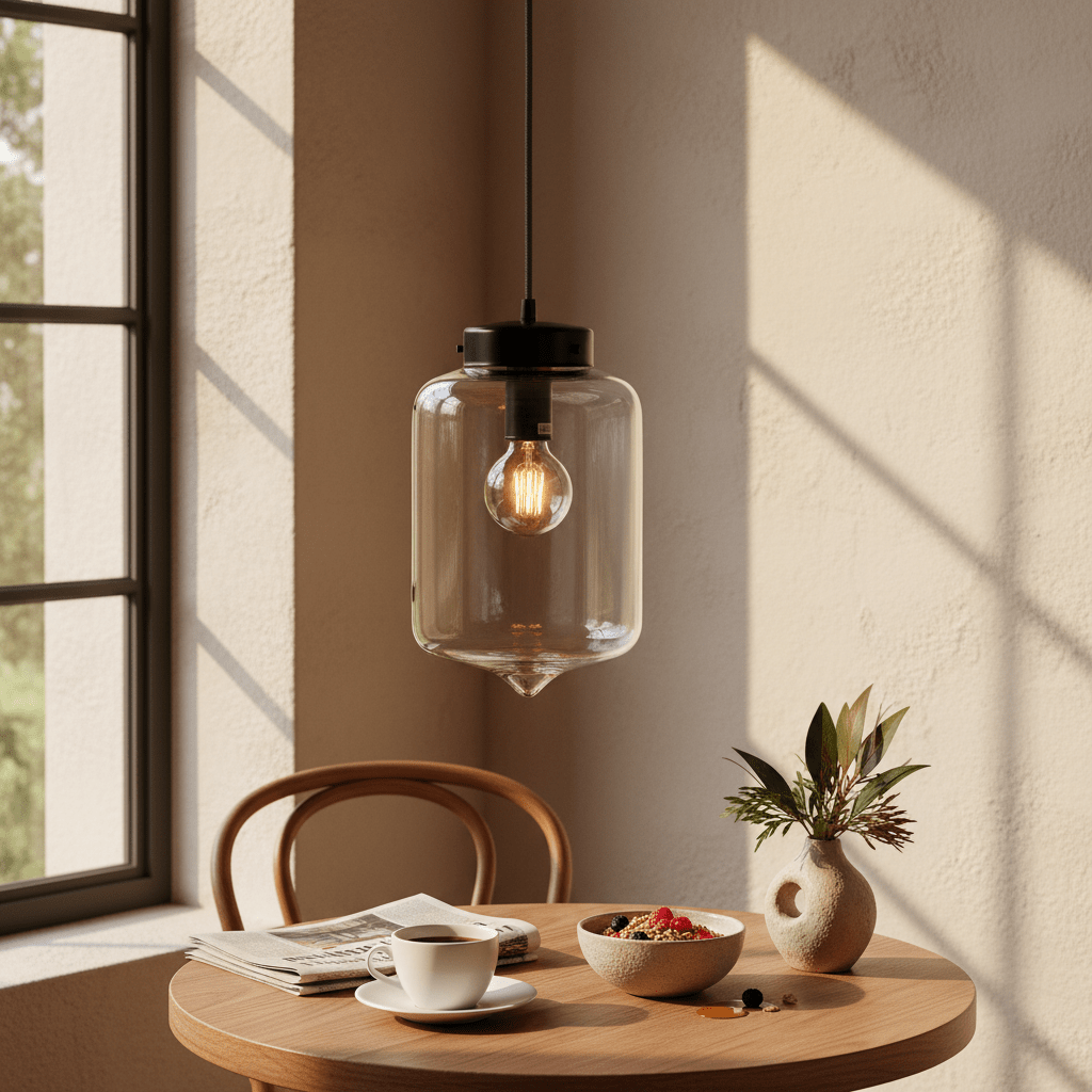 A glass pendant light hangs above a wooden table with a coffee cup, newspaper, and a bowl of fruit.