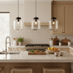 Three glass pendant lights hang above a kitchen island with a light wood finish, featuring a bowl of fruit and cutting board.
