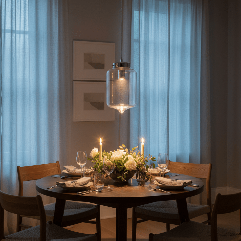 A glass pendant light hangs above a round wooden table set with white roses, candles, and tableware, surrounded by blue curtains.
