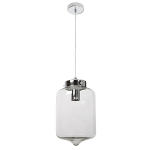 Clear glass pendant light with a chrome finish, suspended from a thin wire and circular ceiling mount.