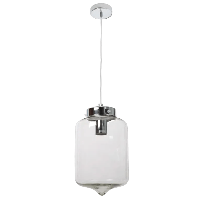 Clear glass pendant light with a chrome finish, suspended from a thin wire and circular ceiling mount.