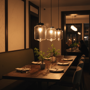 Three glass pendant lights hang above a wooden dining table set with plates and glasses, surrounded by green seating.