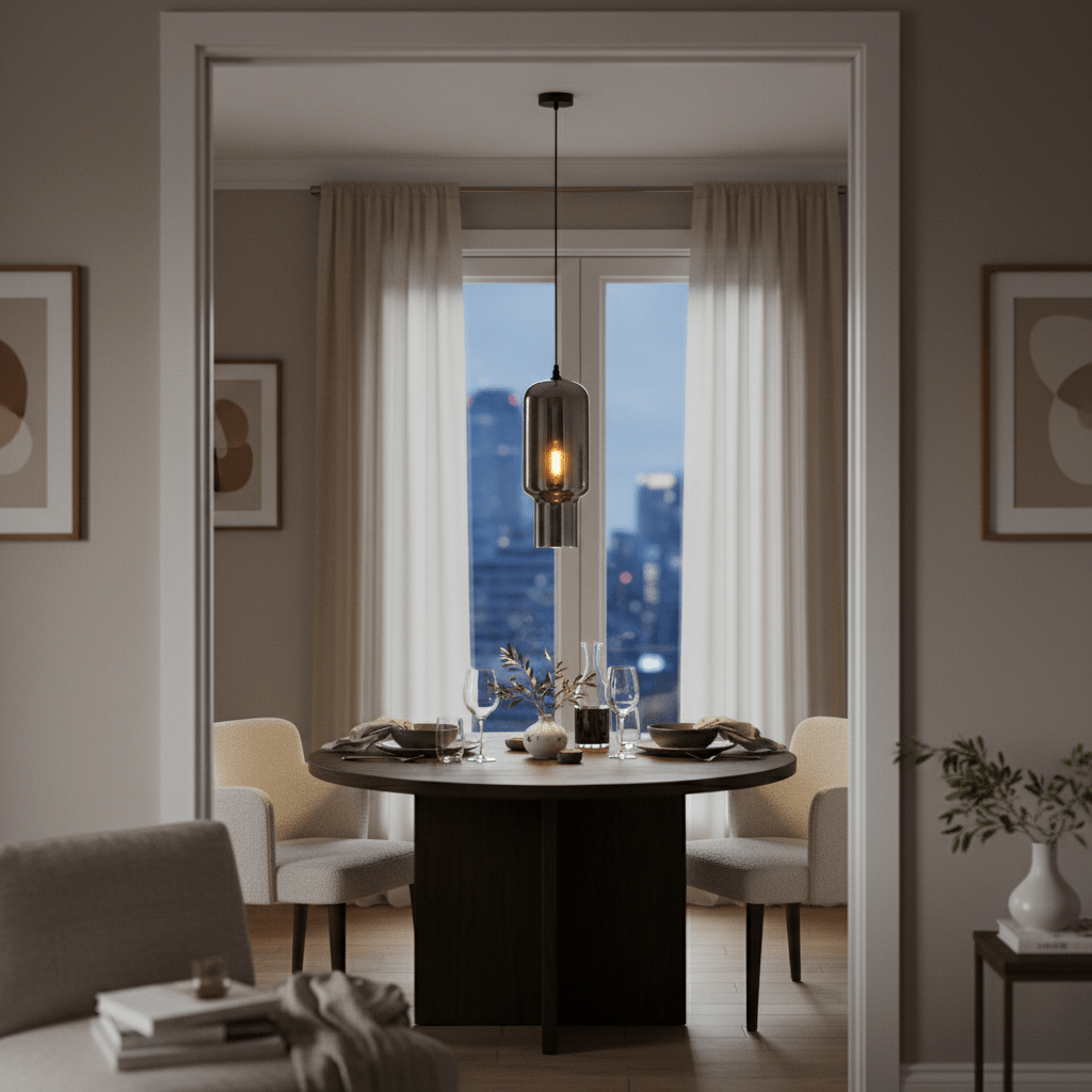 A black smoke glass pendant light hangs above a round wooden dining table set with dishes and glassware, surrounded by beige chairs.