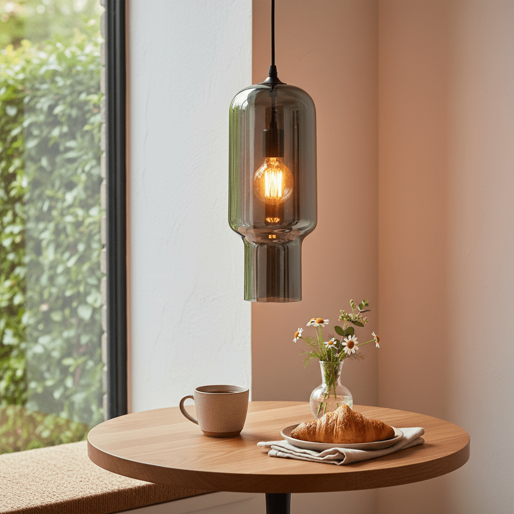 A black smoke glass pendant light hangs above a wooden table with a cup, croissant, and a vase of flowers.