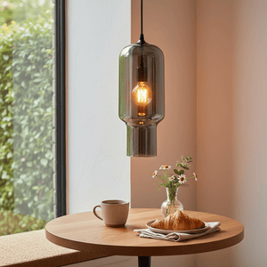 A black smoke glass pendant light hangs above a wooden table with a cup, croissant, and a vase of flowers.