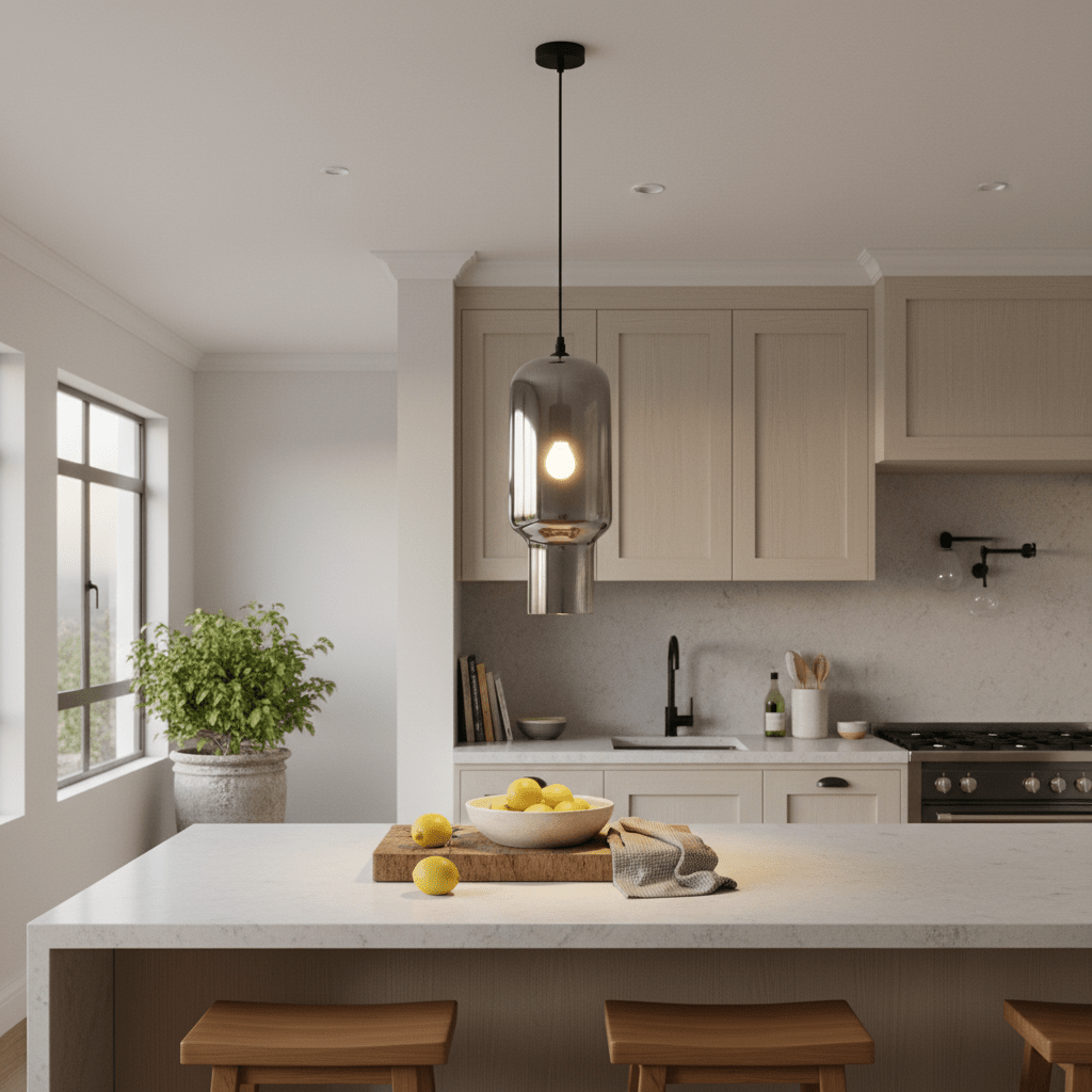 Black smoke glass pendant light hangs above a kitchen island with a white marble top, surrounded by wooden stools and a bowl of lemons.