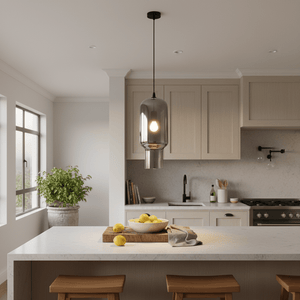 Black smoke glass pendant light hangs above a kitchen island with a white marble top, surrounded by wooden stools and a bowl of lemons.