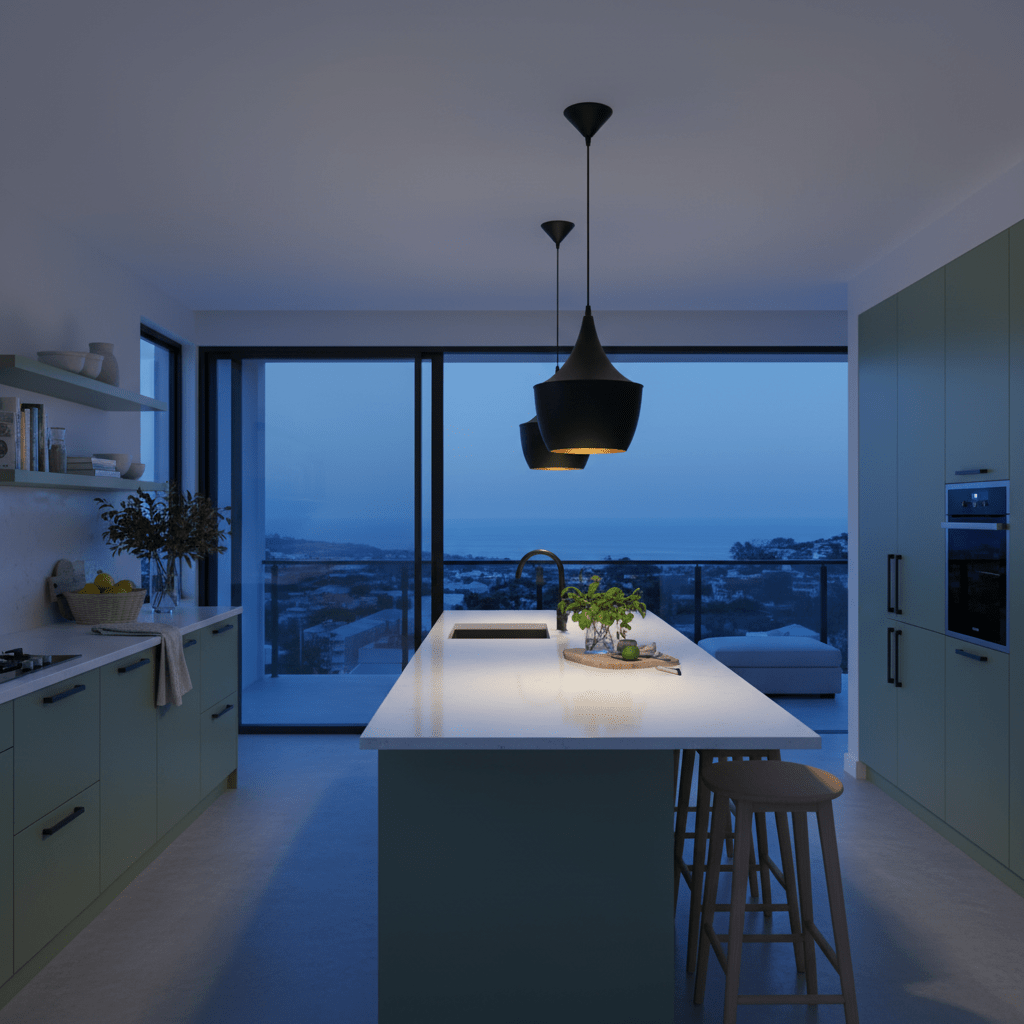 Stylish black metal pendant light hanging over a modern kitchen island with a scenic view.