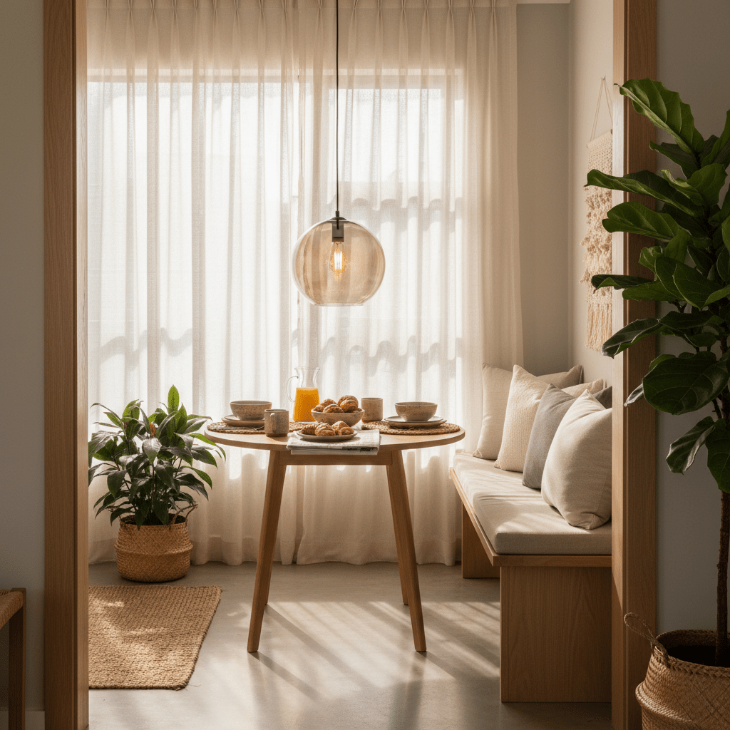 Amber glass ball pendant light suspended above a round wooden dining table with sheer curtains