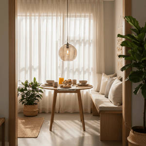 Amber glass ball pendant light suspended above a round wooden dining table with sheer curtains