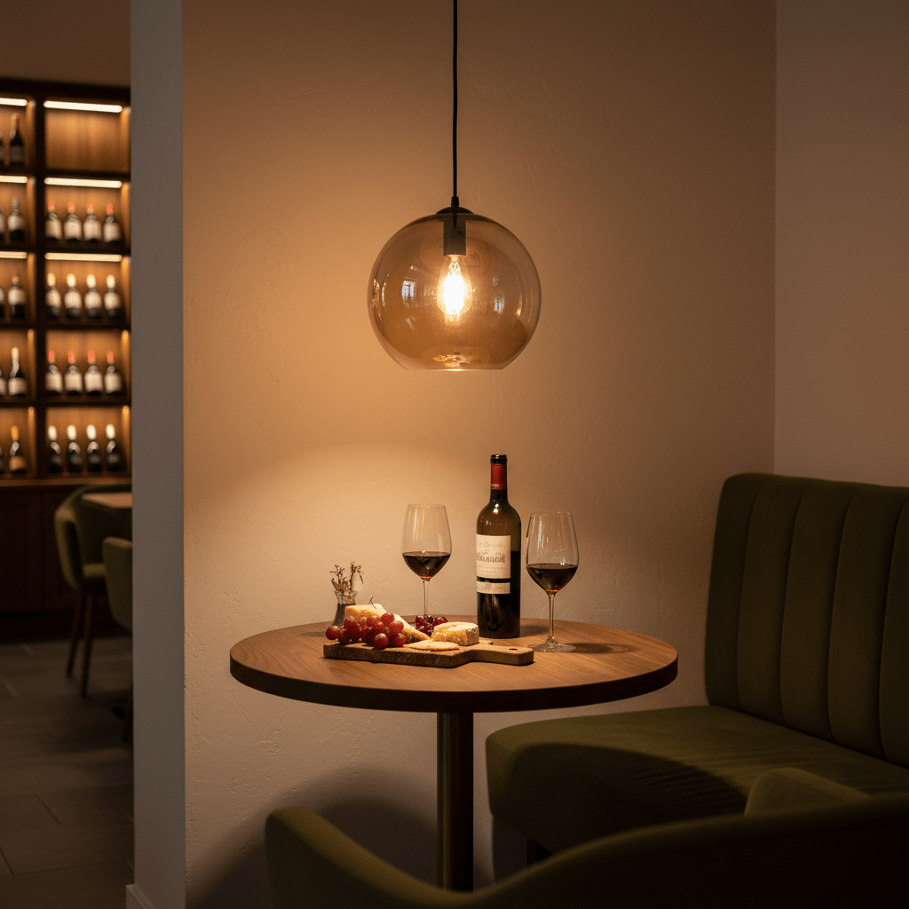 Amber glass ball pendant light with exposed bulb hanging above a table