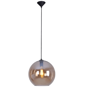 Amber large glass ball pendant light with black canopy and cord, bulb visible inside