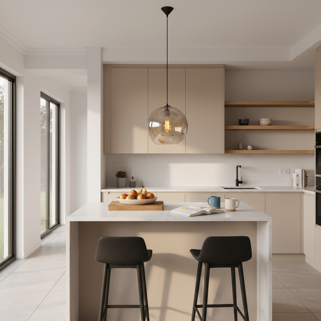 Amber large glass sphere pendant light hanging over a kitchen island